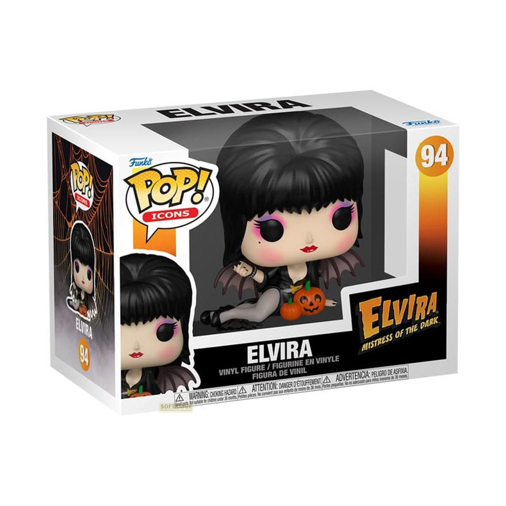 Figura de vinilo Funko Pop! de Elvira, Maestra de la Oscuridad, con calabazas.