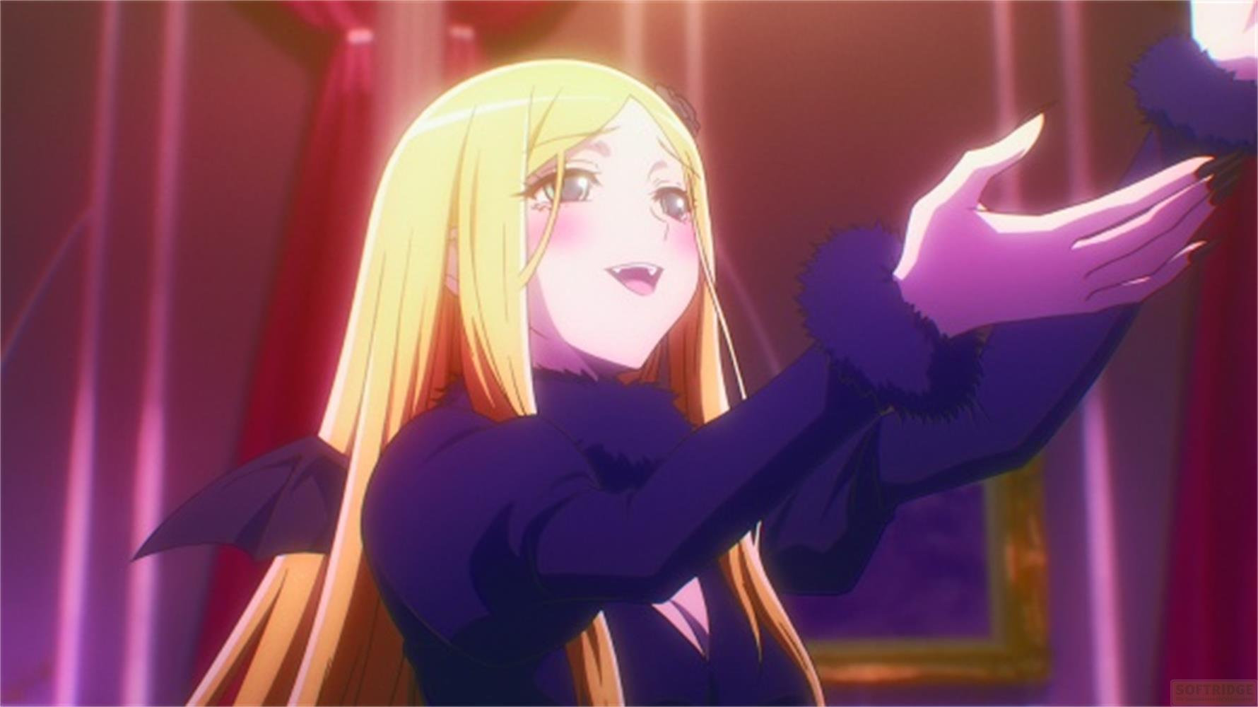 Eine Anime-Figur mit blonden Haaren und Vampirzähnen trägt ein dunkles Outfit.