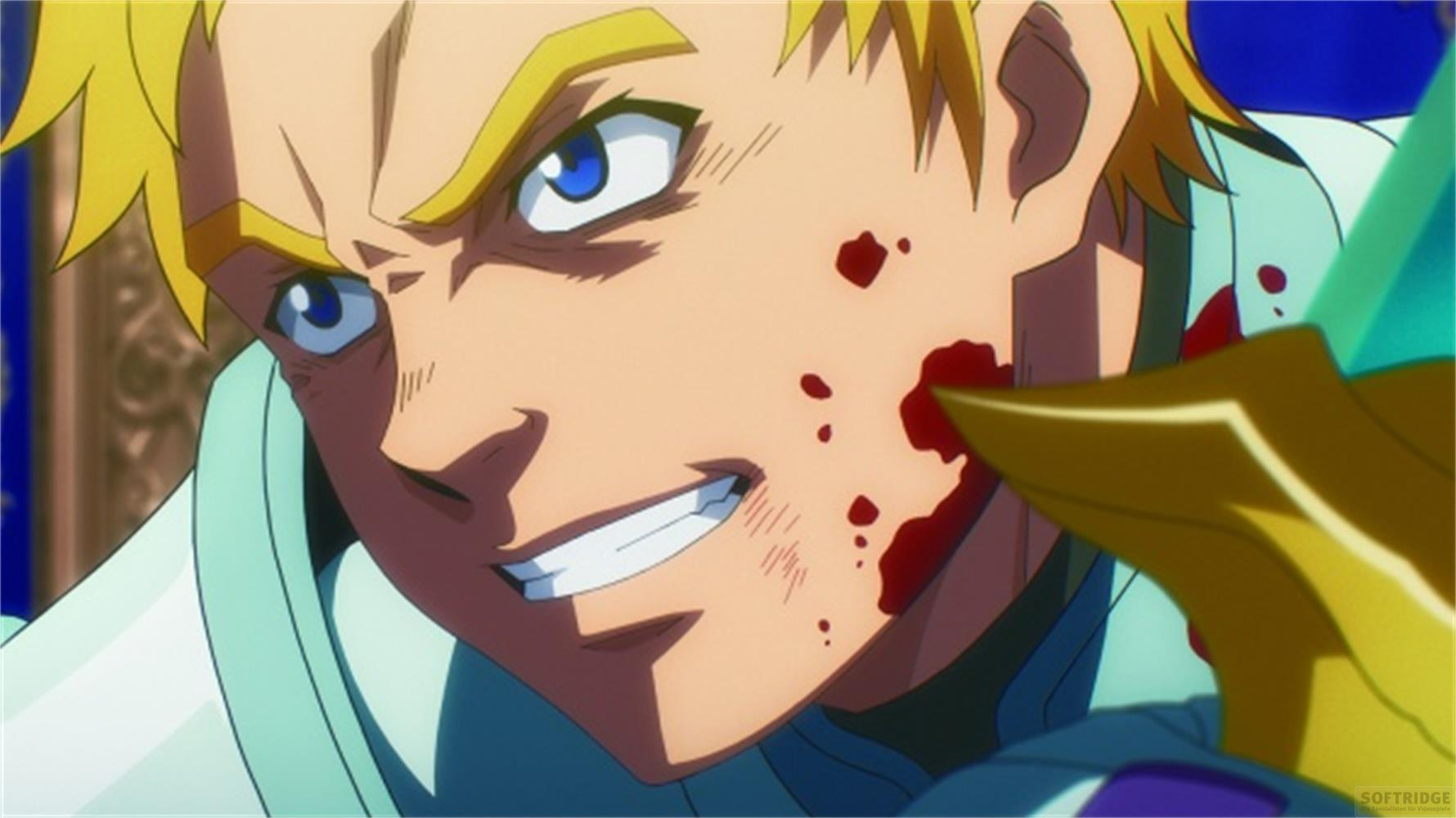 Ein blonder Mann mit blauen Augen und blutigen Wunden im Gesicht.