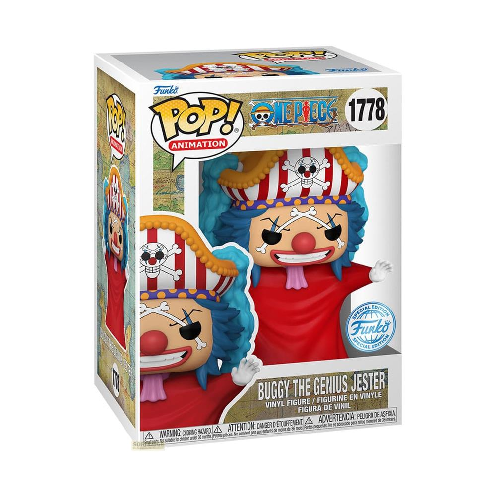 Figurka winylowa Funko Pop! Buggy Błazen Geniusz z One Piece, w czerwonym stroju i niebieskich włosach.