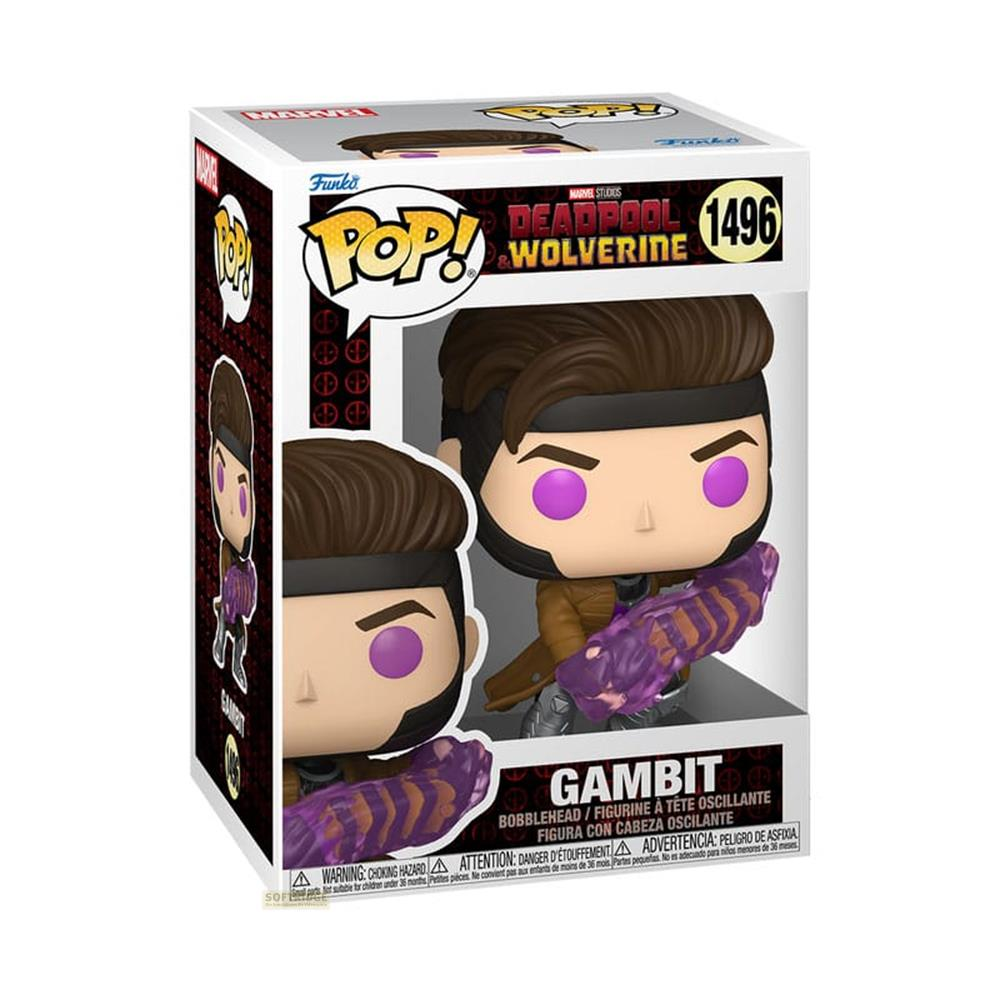 Figura Funko Pop! di Gambit da Deadpool & Wolverine, tiene una palla di energia viola.