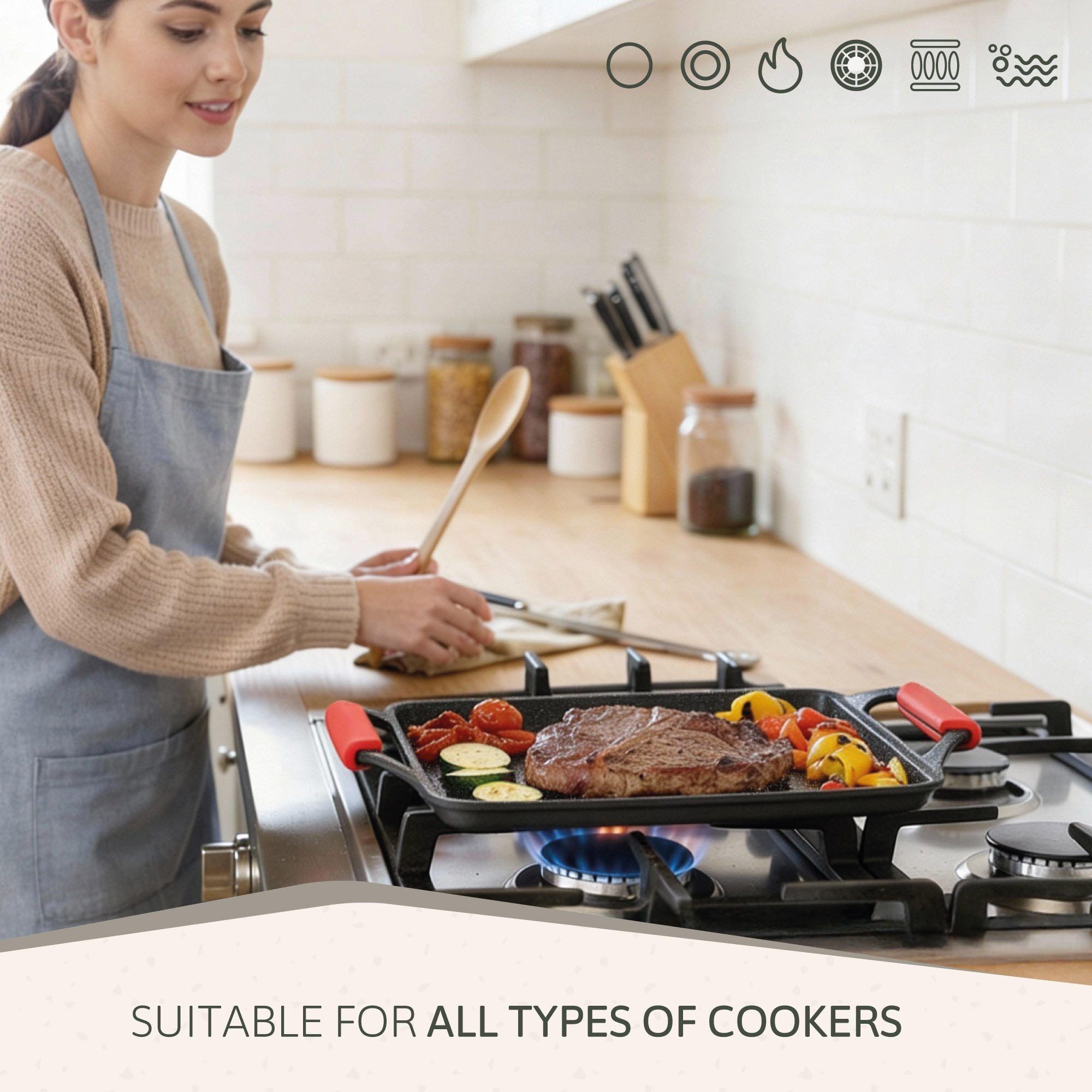 Una mujer cocina bistec y verduras en una parrilla sobre la estufa.