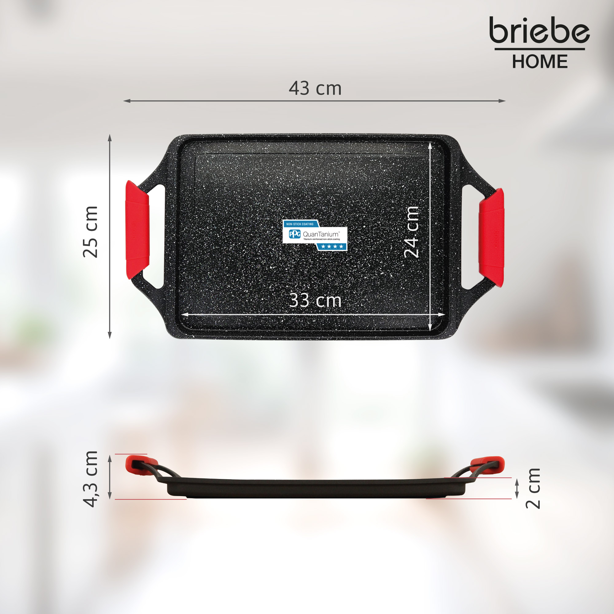 Plancha antiadherente, 43x25x4,3 cm, con asas rojas.