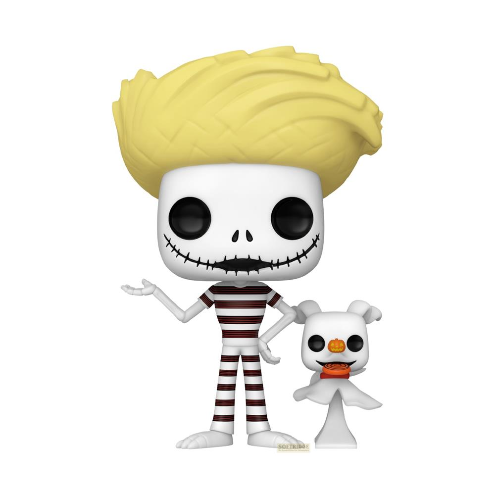 Jack Skellington con pelo amarillo y Zero, su perro fantasma con nariz de calabaza.
