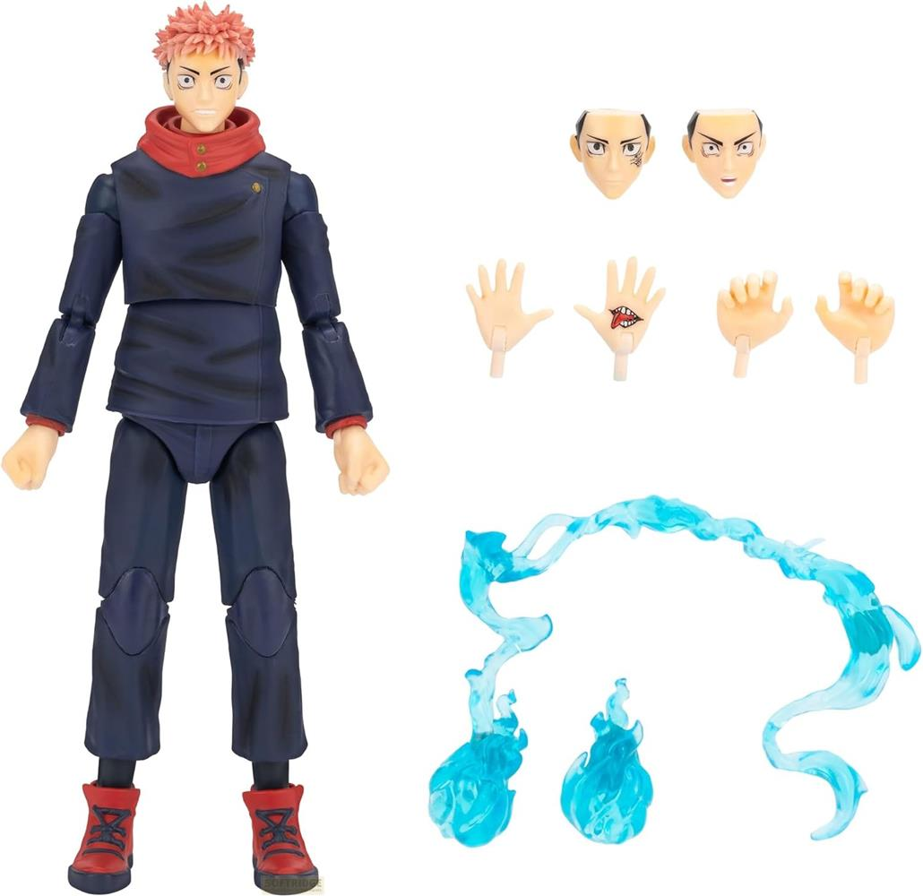 Eine Actionfigur mit roten Haaren und blauer Kleidung, daneben Zubehör wie Gesichter und Hände.