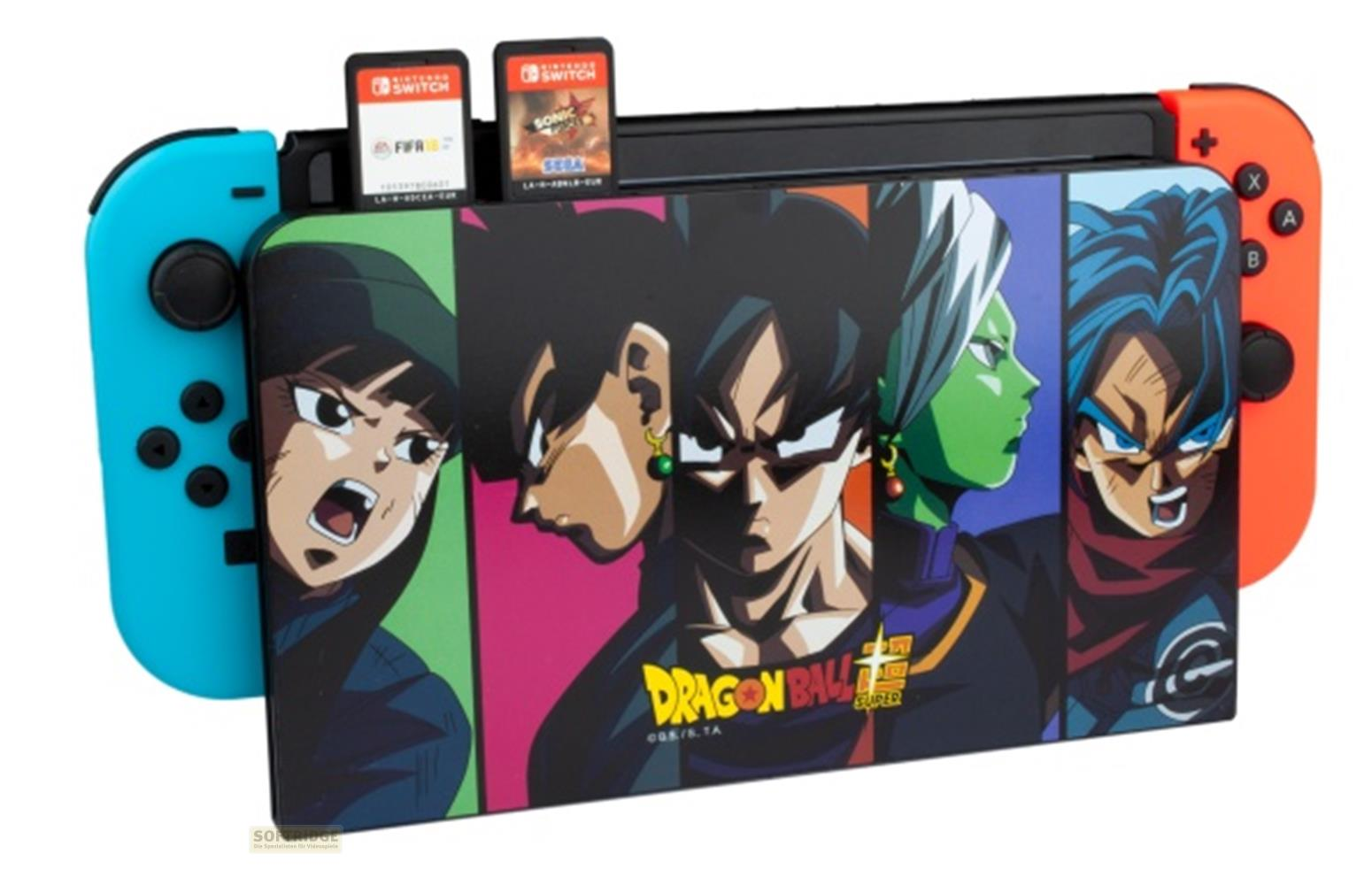 Nintendo Switch con diseño Dragon Ball Z, Joy-Cons y juegos.