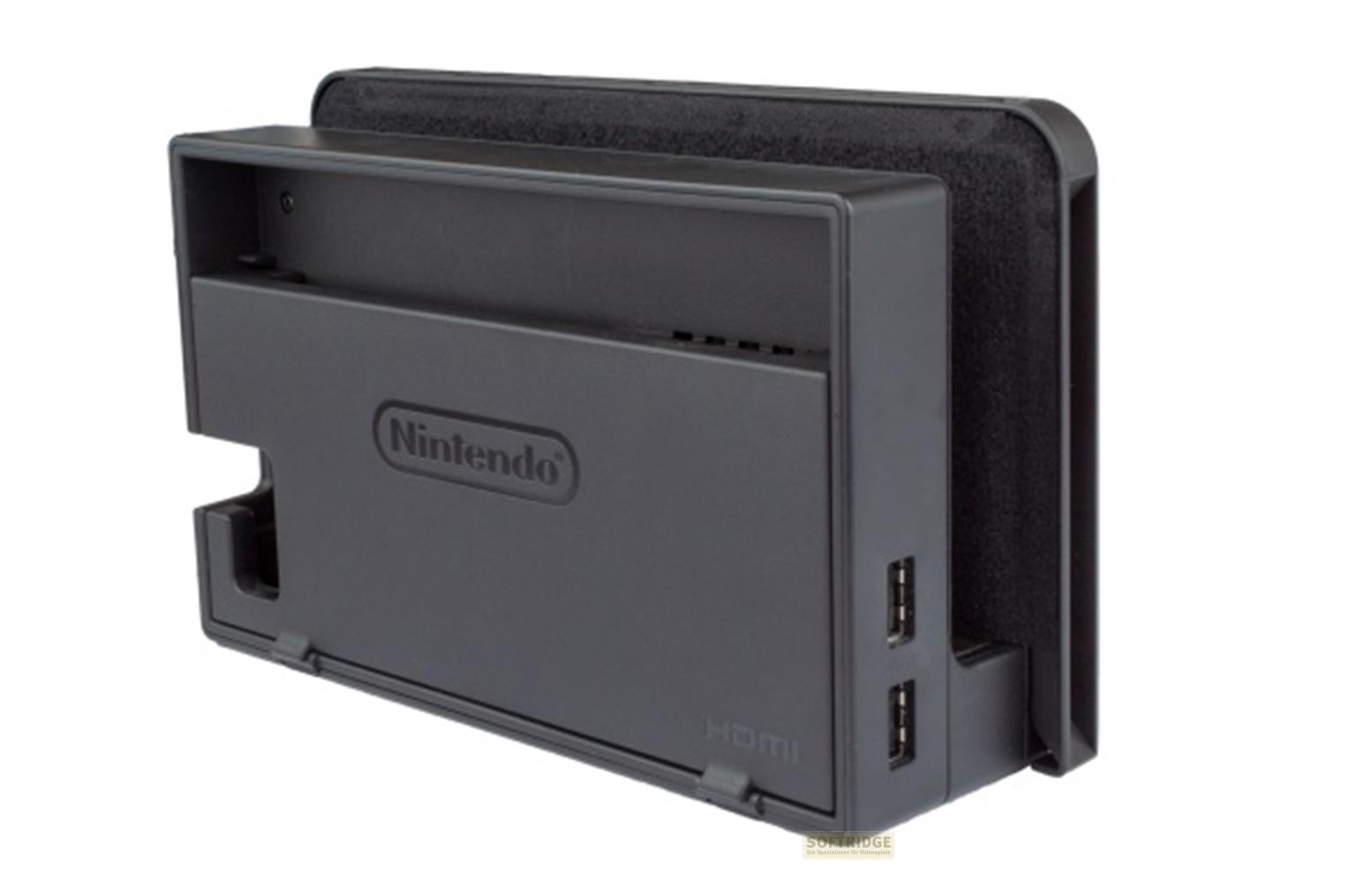 Base negra Nintendo Switch con puertos HDMI y USB.