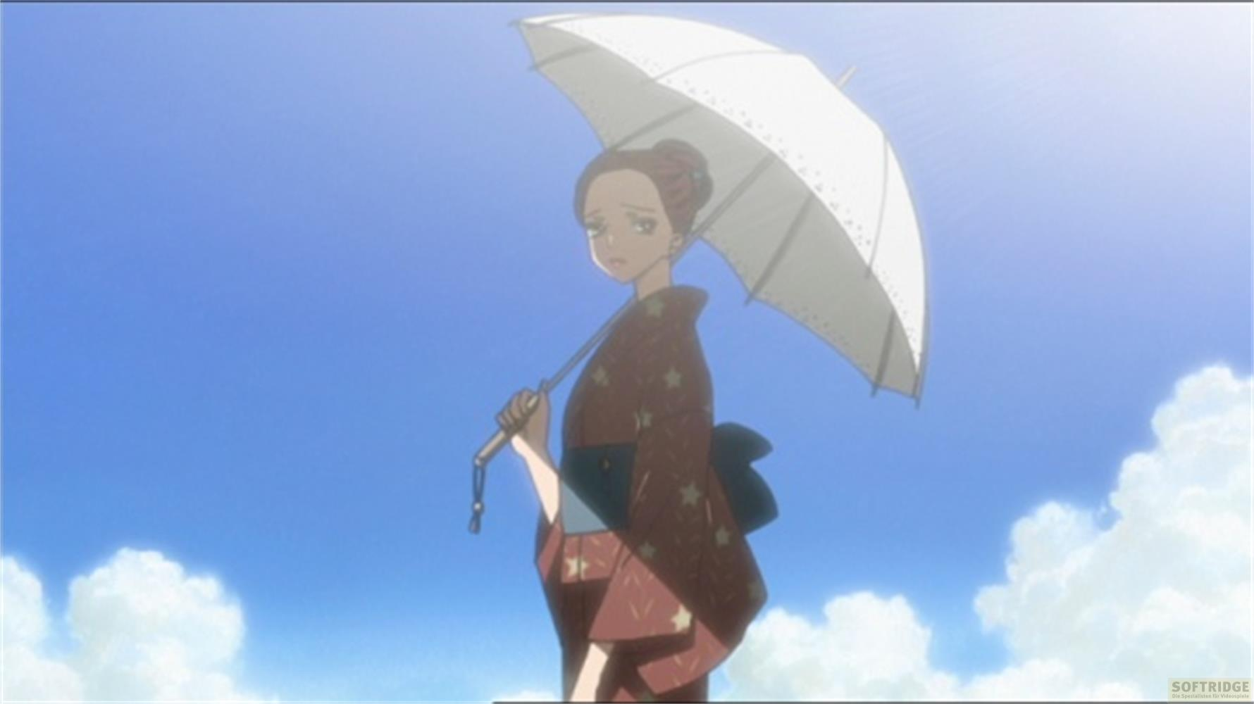 Eine Frau im Kimono mit einem Sonnenschirm unter blauem Himmel.