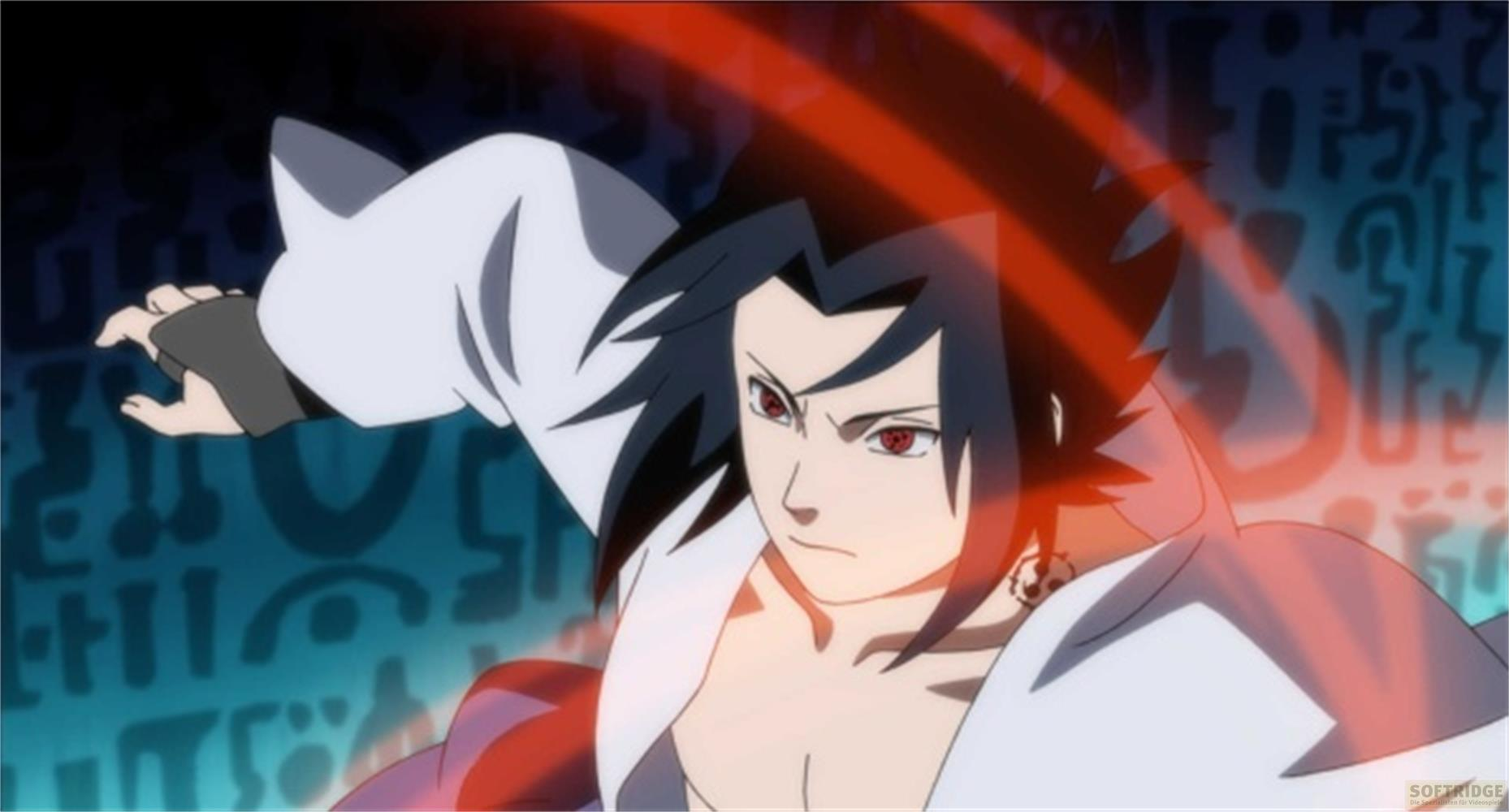 Un personaggio anime con capelli neri e occhi rossi, che indossa una veste bianca.