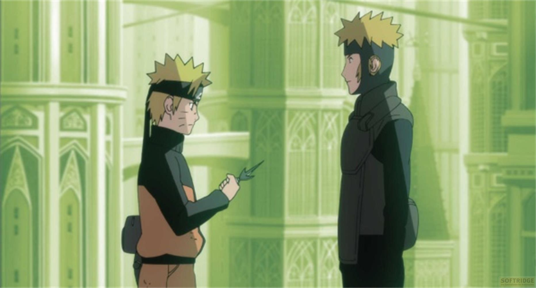 Naruto e un altro uomo in verde si fronteggiano.