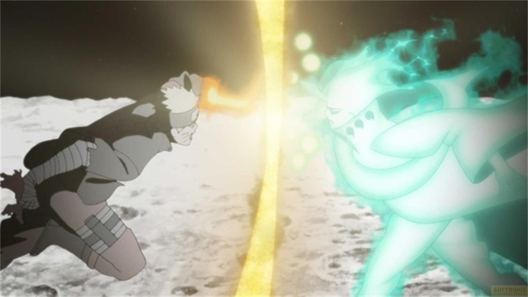 Naruto combatte un essere spettrale sulla luna. Un raggio di luce giallo li separa.