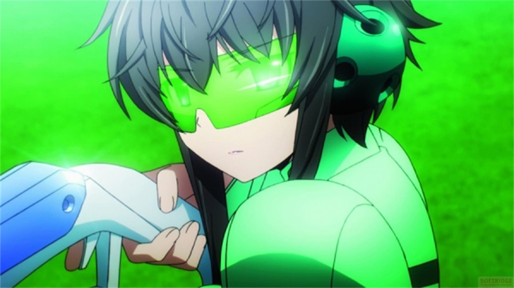 Personnage d'anime avec lunettes vertes et arme sur fond vert.