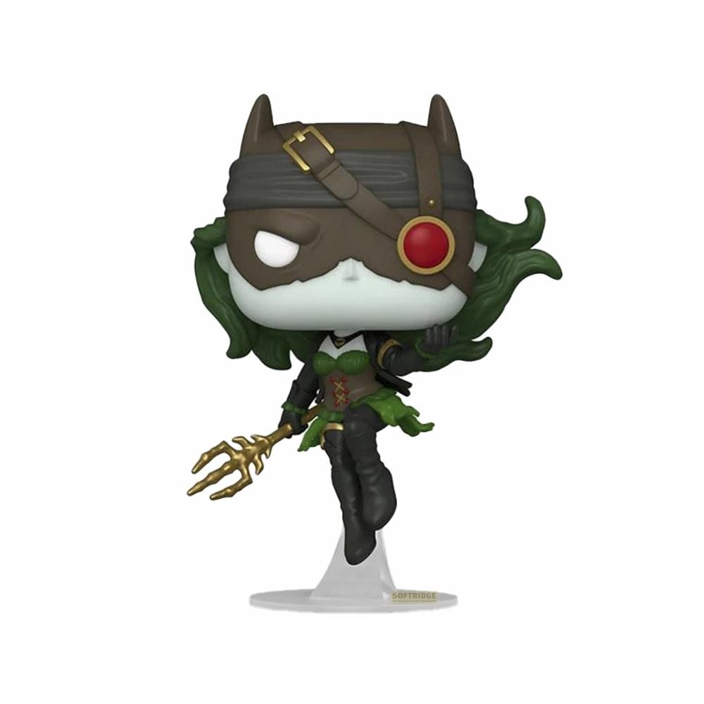 Statua Funko Pop con capelli verdi, benda sull'occhio e tridente.