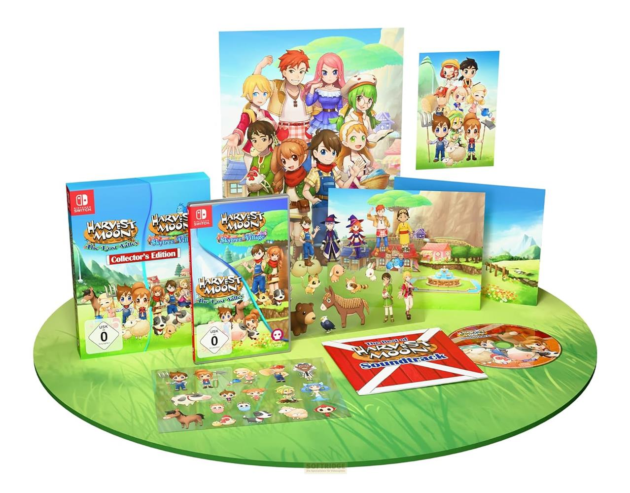 Harvest Moon Collector's Edition mit Spielen, Soundtrack, Stickern und Art Cards auf grünem Untergrund.