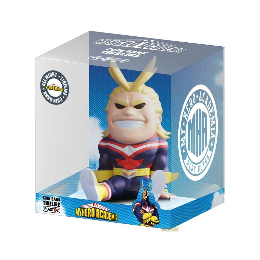 Hucha de All Might como figura sentada en caja, con logo.