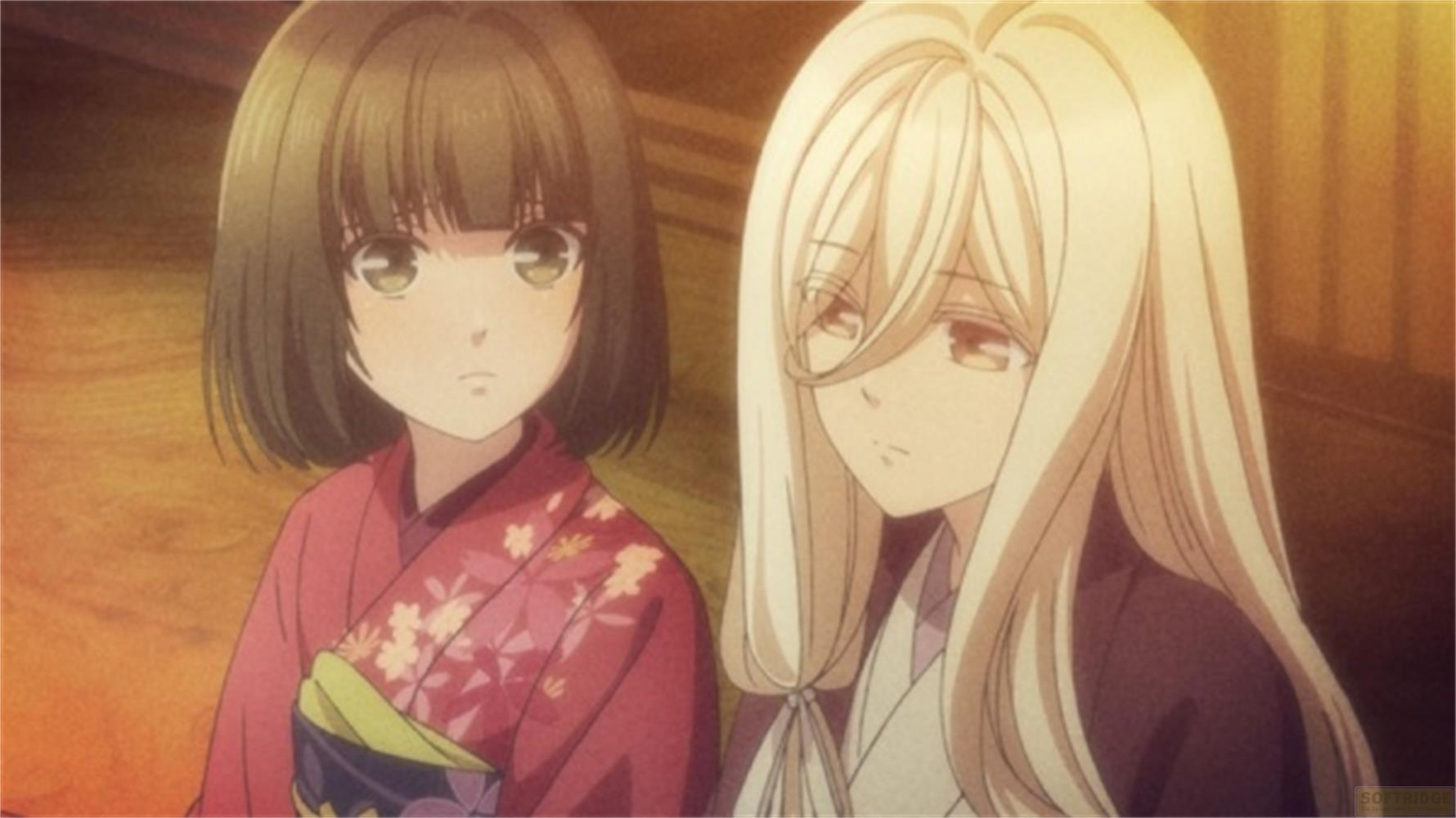 Due ragazze anime in kimono guardano a destra.