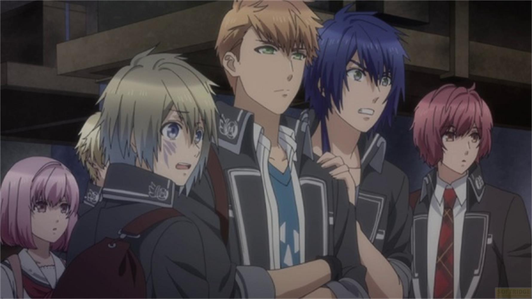 Cinque personaggi anime in uniforme scolastica, vicini.