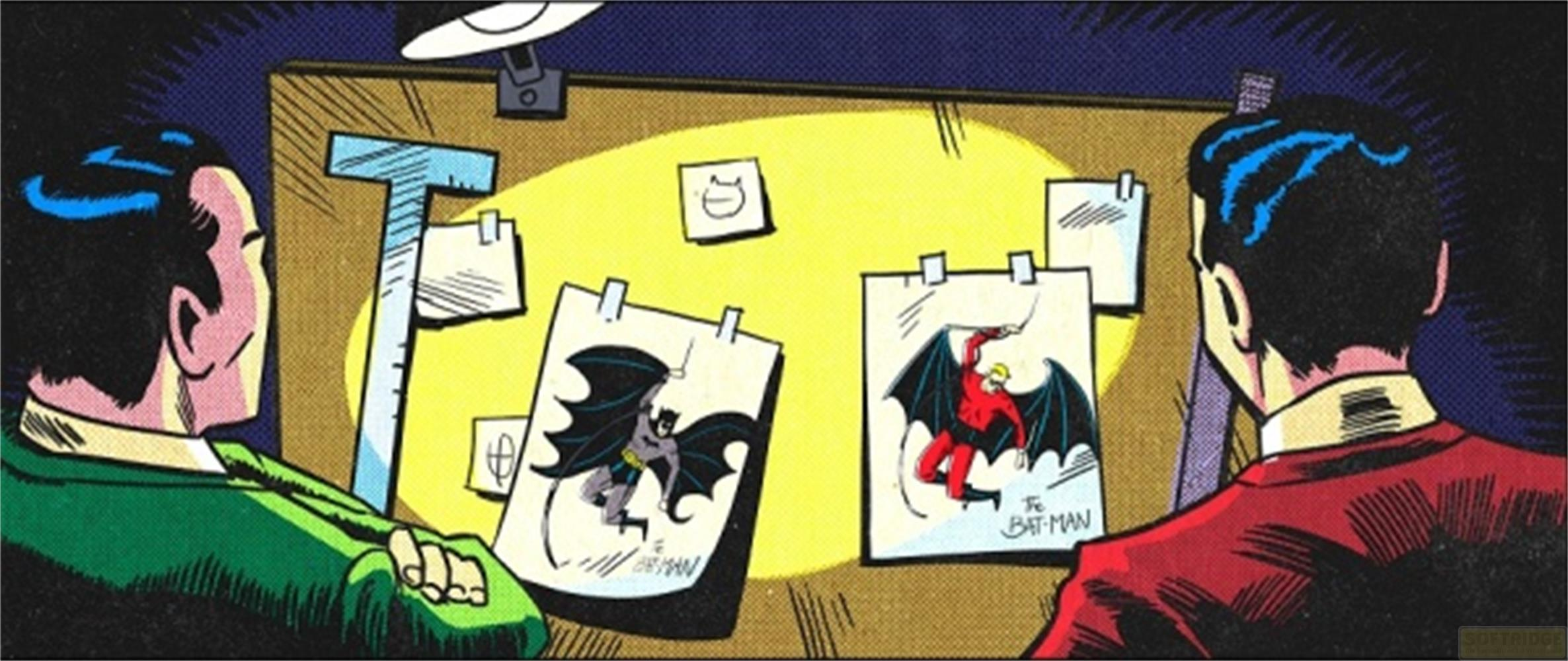 Due uomini guardano schizzi di Batman su una bacheca.