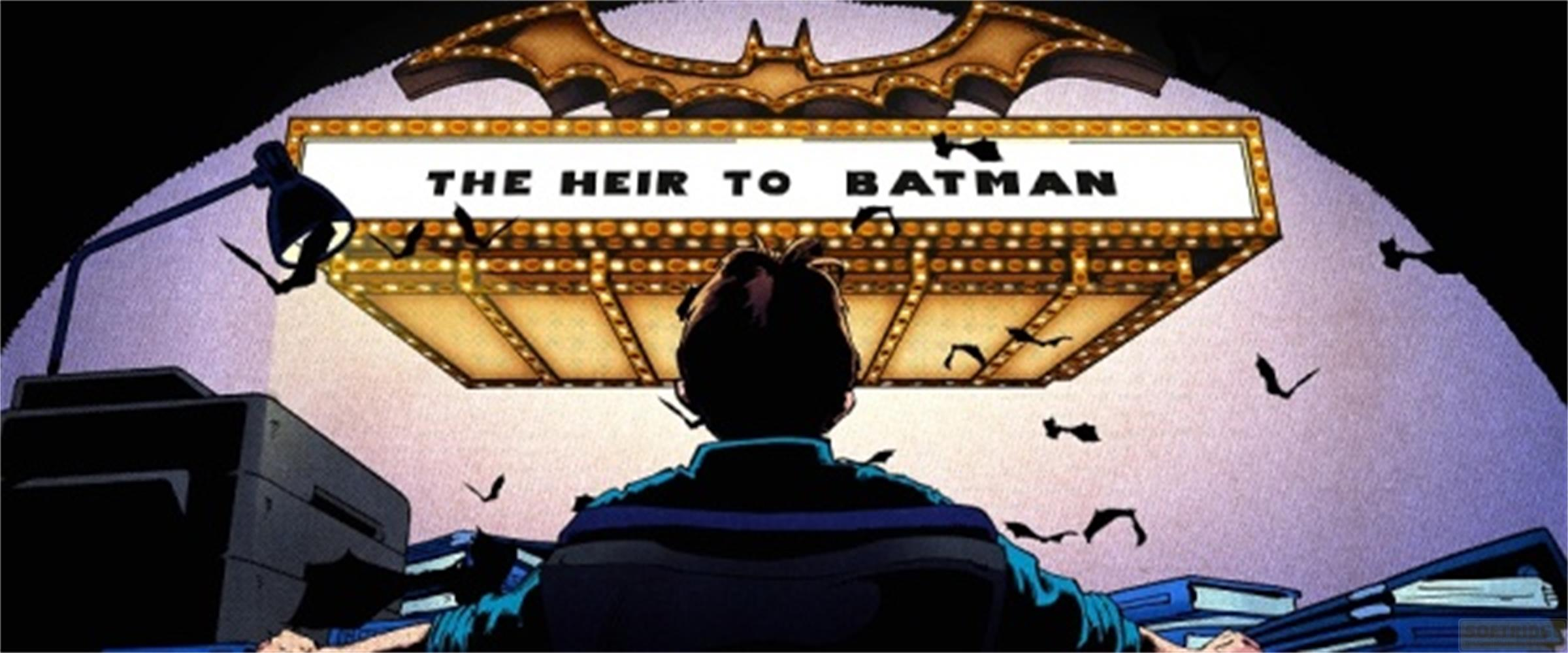 Un uomo seduto davanti a un'insegna luminosa con scritto "L'EREDE DI BATMAN".