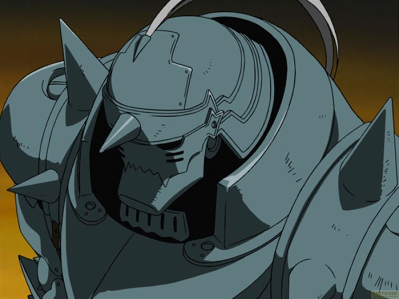 Un personnage blindé gris avec un casque à pointes et des épaulettes.