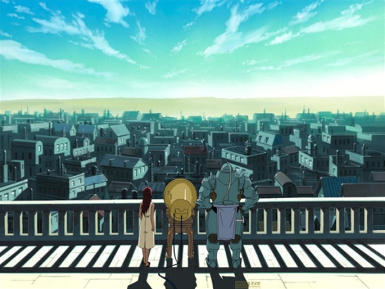 Une fille et un robot sur un balcon surplombant une ville sous un ciel bleu.