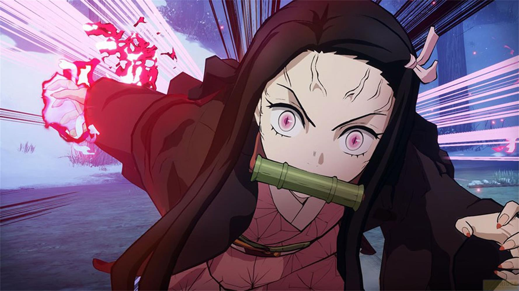 Ein Anime-Mädchen mit Bambus-Mundstück und rotem Glanz feuert eine Attacke ab.