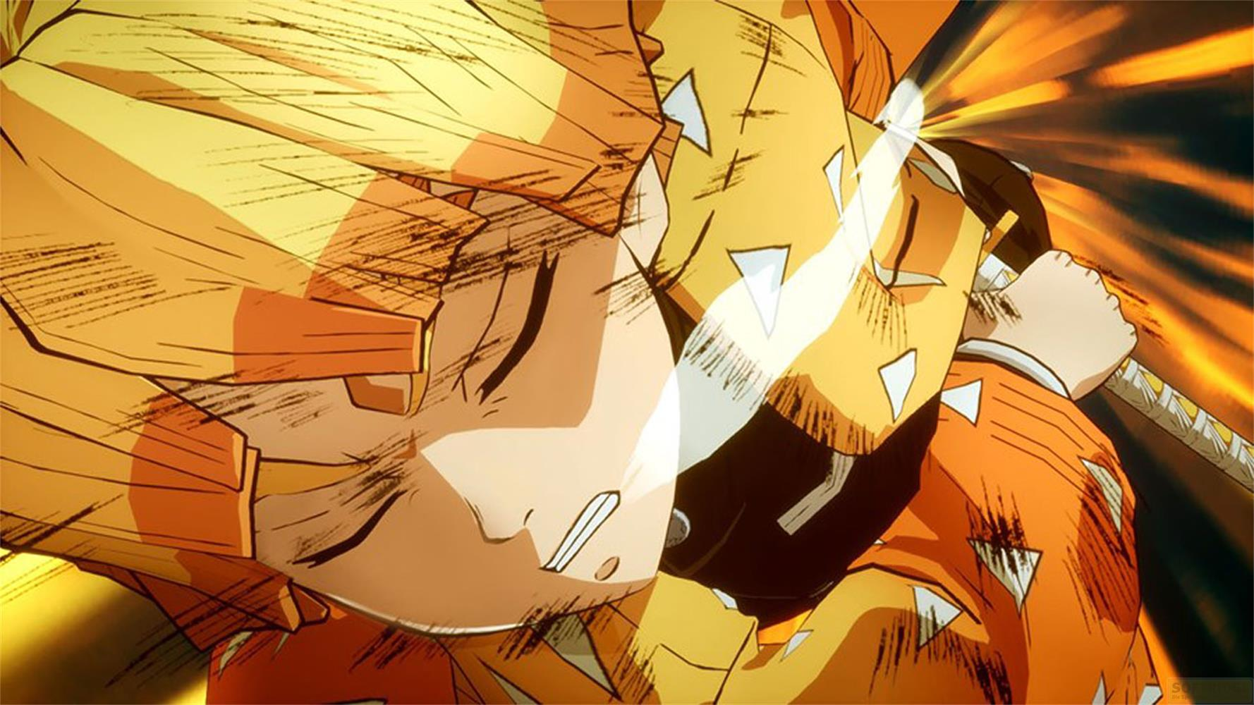 Eine Anime-Figur mit gelben Haaren und orangefarbener Kleidung zieht ein Schwert.