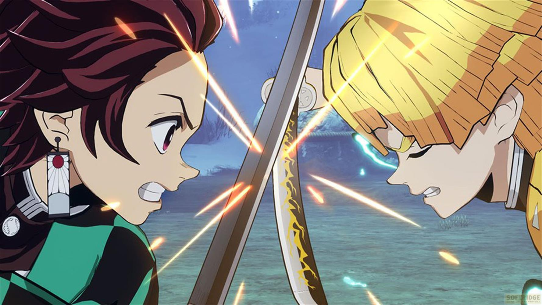 Zwei Anime-Charaktere mit Schwertern, die sich gegenüberstehen, mit leuchtenden Strahlen.