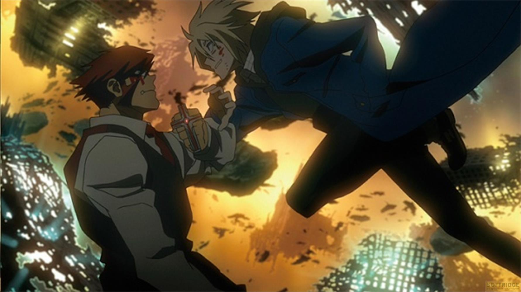 Due personaggi anime si affrontano in una città distrutta.
