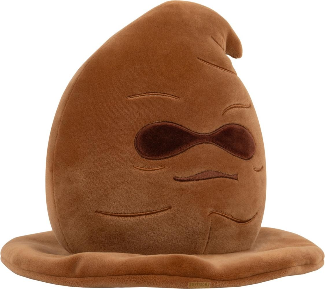 Chapeau en peluche marron avec visage brodé, fond blanc.