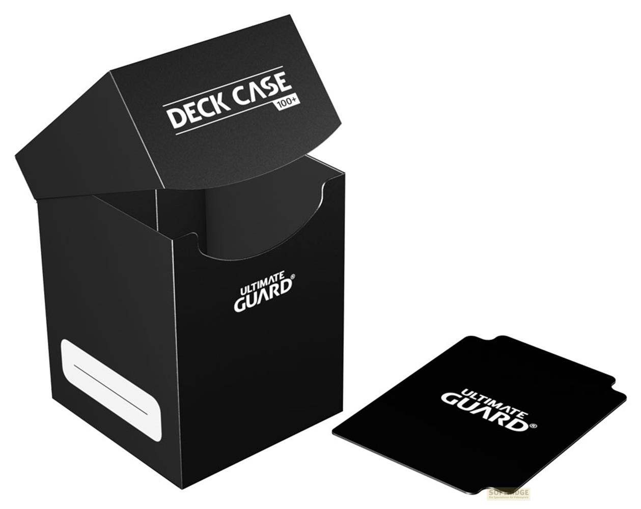 Boîtier de deck noir Ultimate Guard avec couvercle ouvert, et couvercle de boîte de deck sur surface blanche.