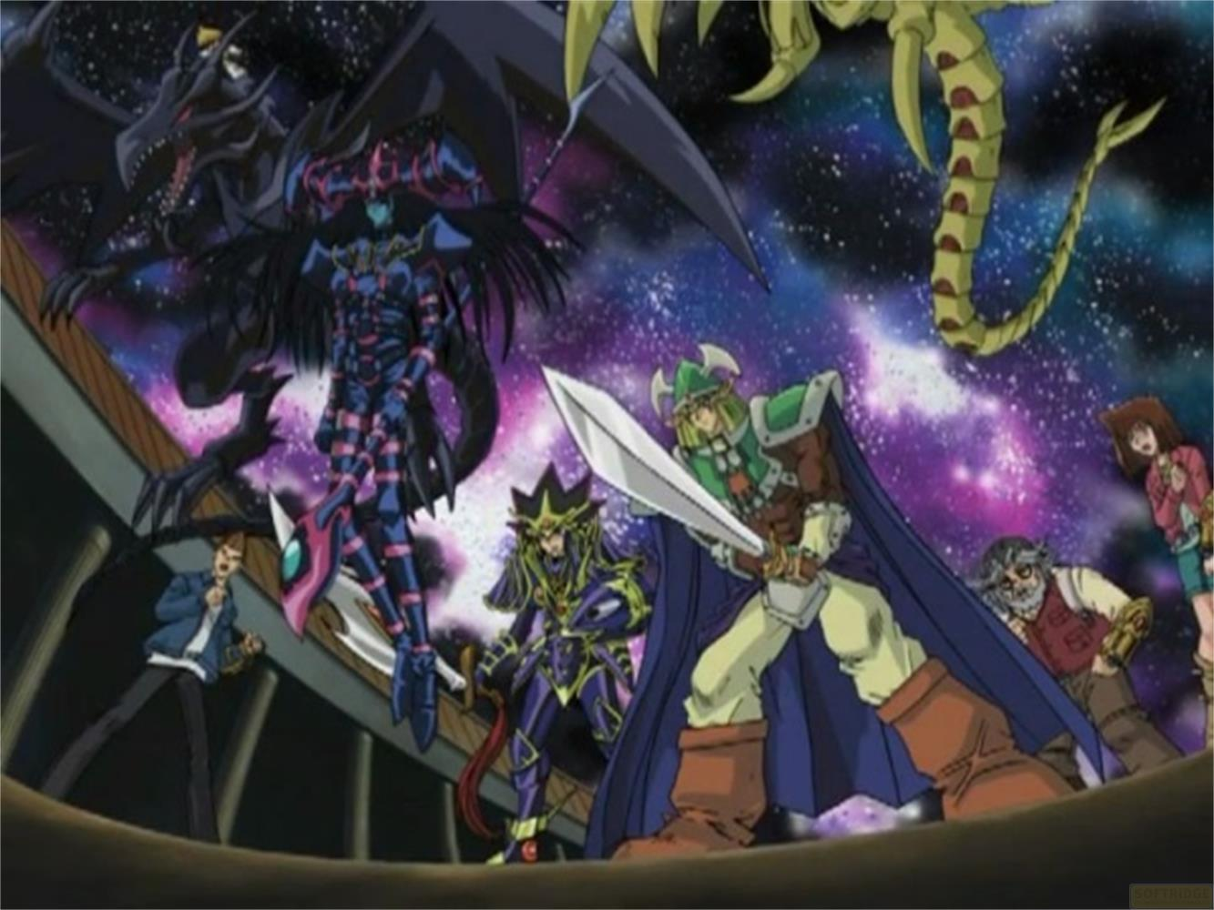 Mago Oscuro e Drago Nero Occhi Rossi con personaggi su sfondo spaziale.