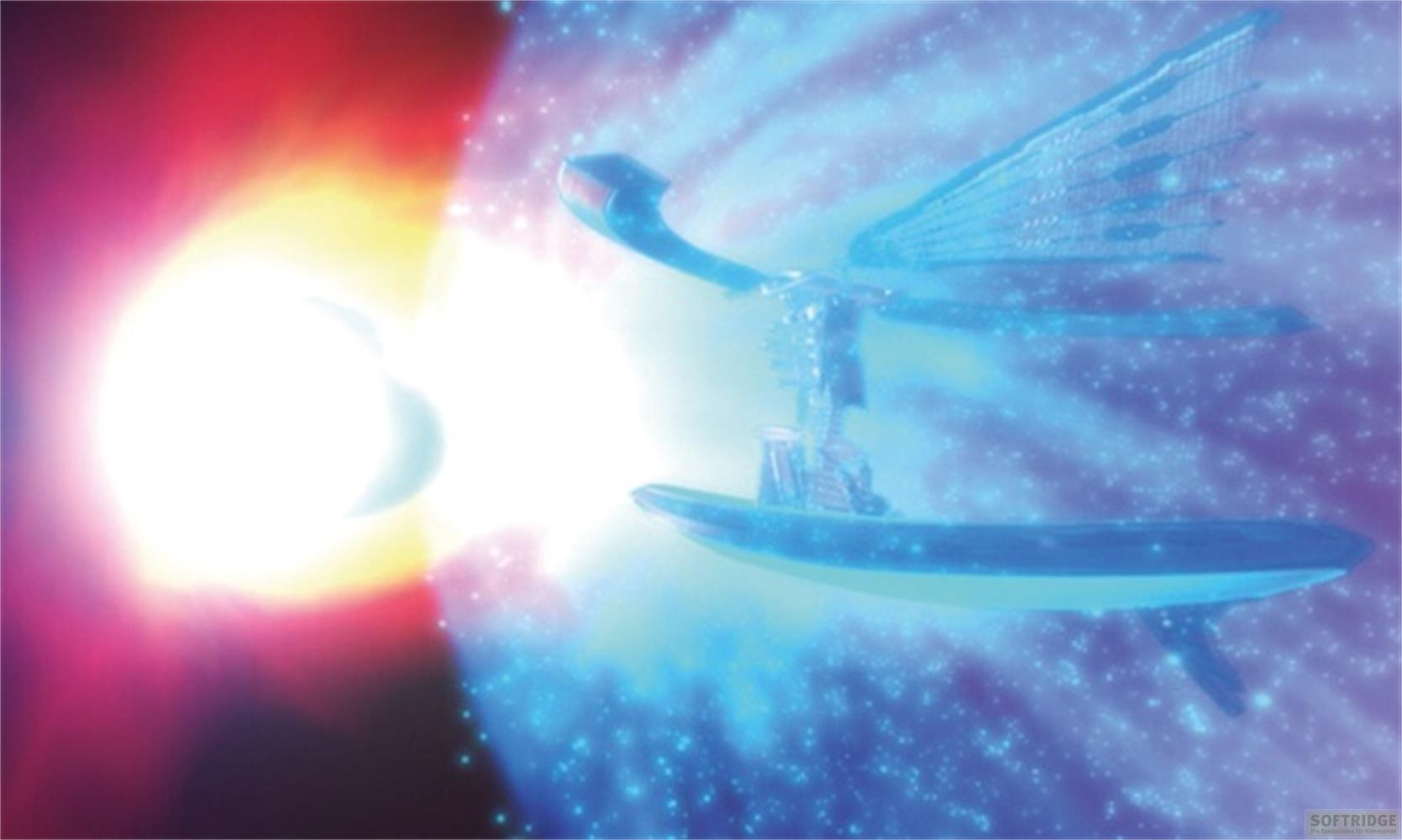 Un uccello blu luminoso vola nello spazio con stelle e una luce brillante.