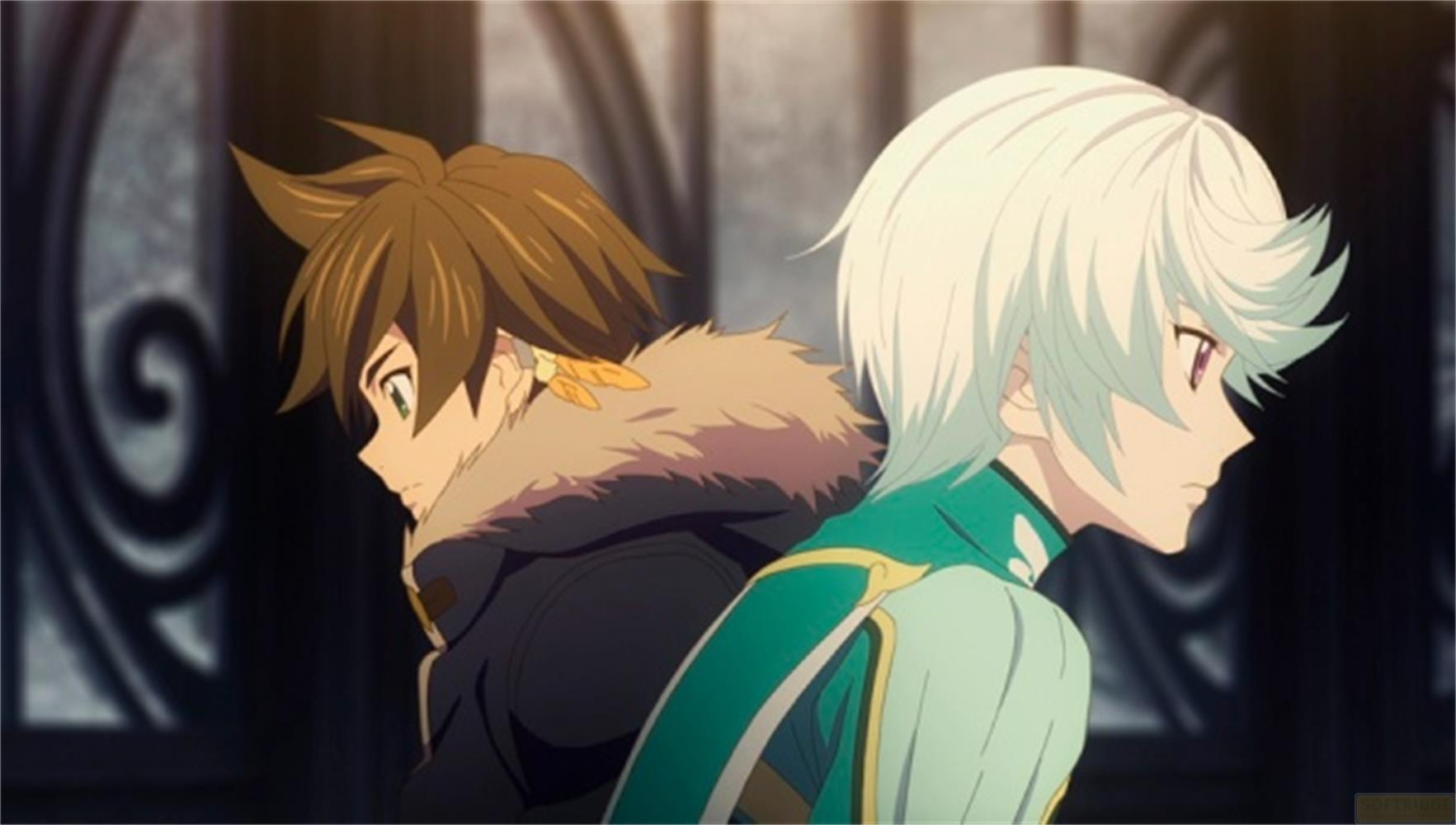 Deux garçons d'anime, l'un aux cheveux bruns et l'autre blancs, se tiennent dos à dos.