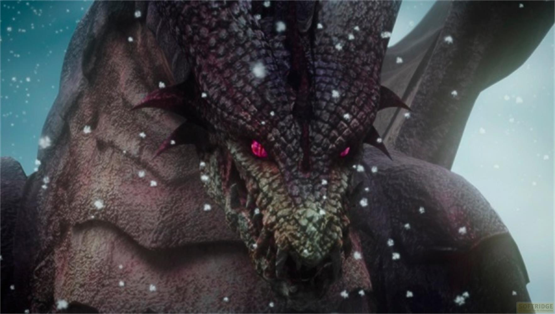 Gros plan sur la tête d'un dragon aux yeux rouges, assis dans la neige.