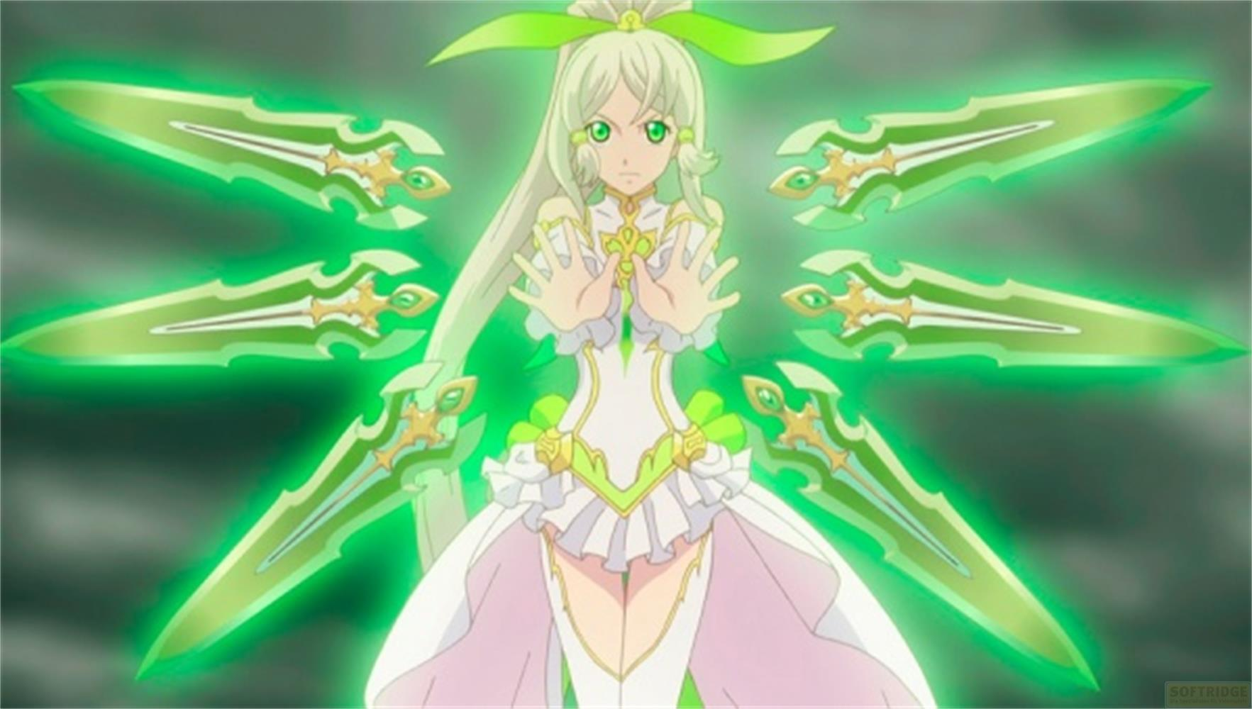 Un personnage d'anime aux longs cheveux blonds et yeux verts, entouré de six épées vertes lumineuses.