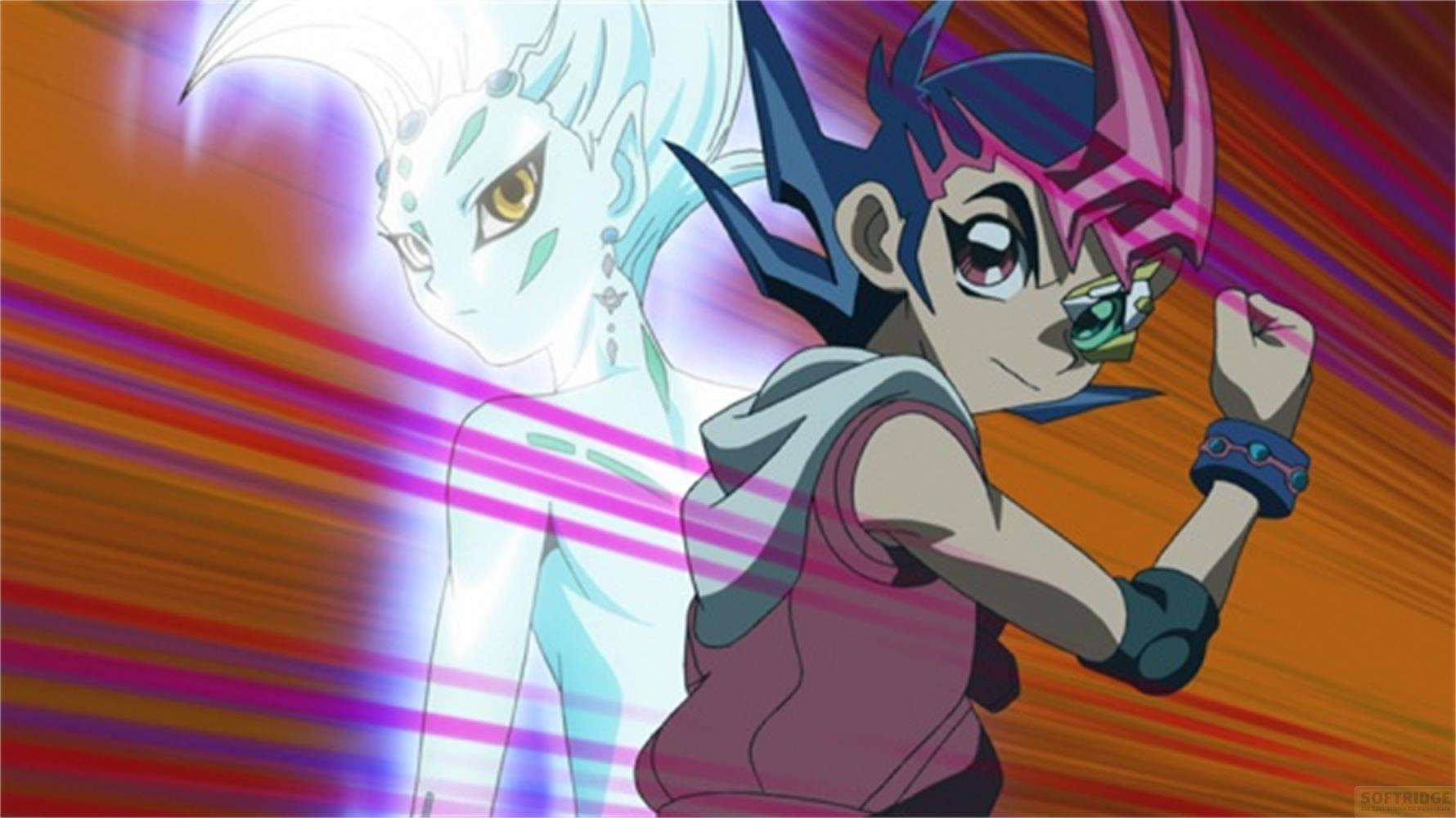Un personaggio anime con capelli blu e uno spirito traslucido con capelli bianchi.