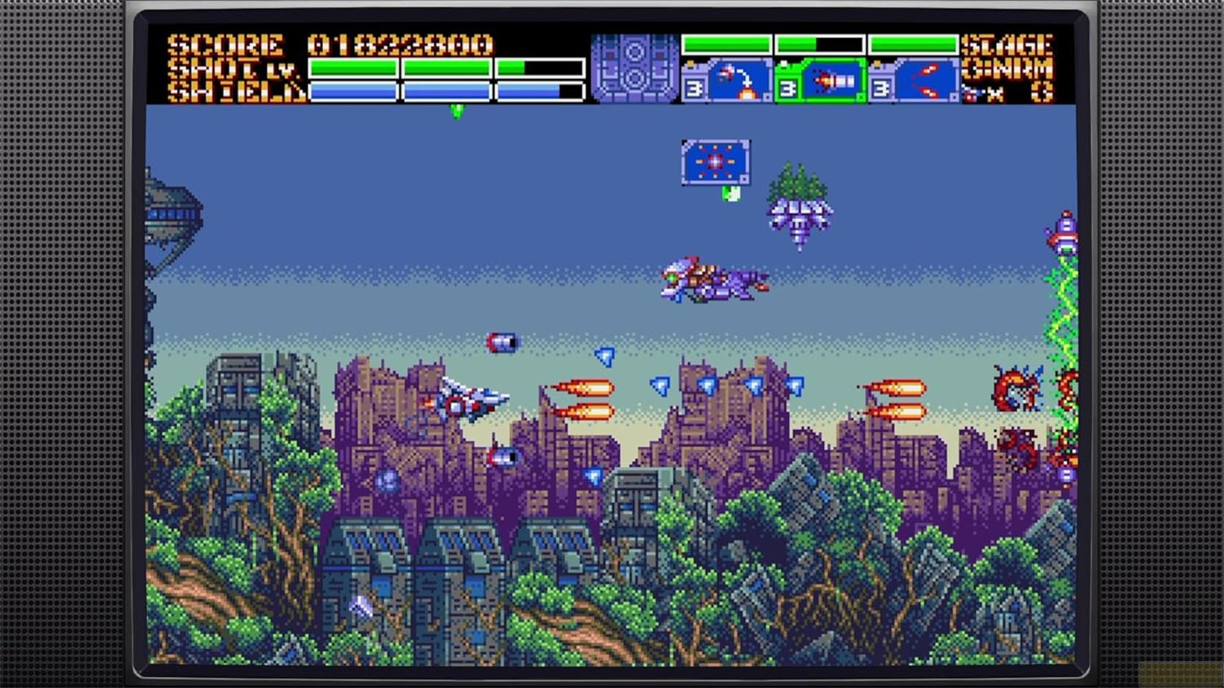Gioco sparatutto retrò con astronavi che volano in un paesaggio urbano alieno.