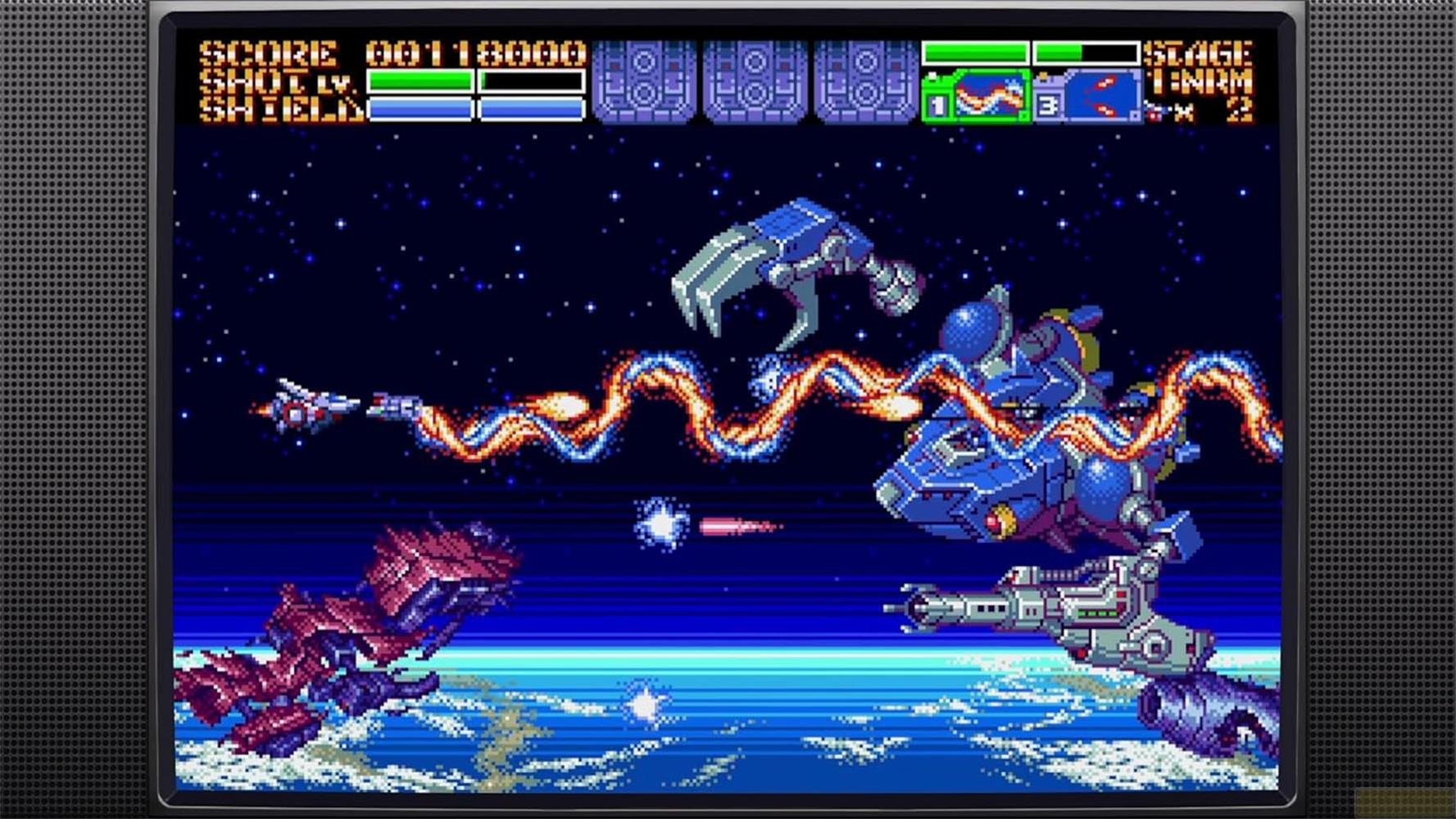 Un videogioco spaziale con astronavi rosse e blu che combattono su un pianeta.