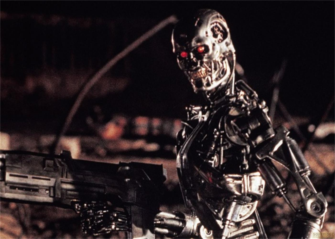 Ein Terminator mit roten Augen hält eine Waffe.