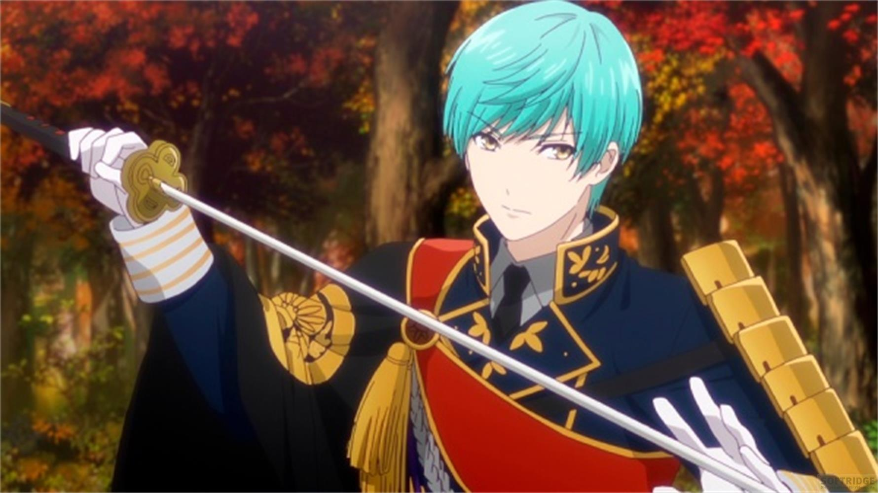 Un personaggio anime con capelli turchesi tiene una spada, indossa un'uniforme.