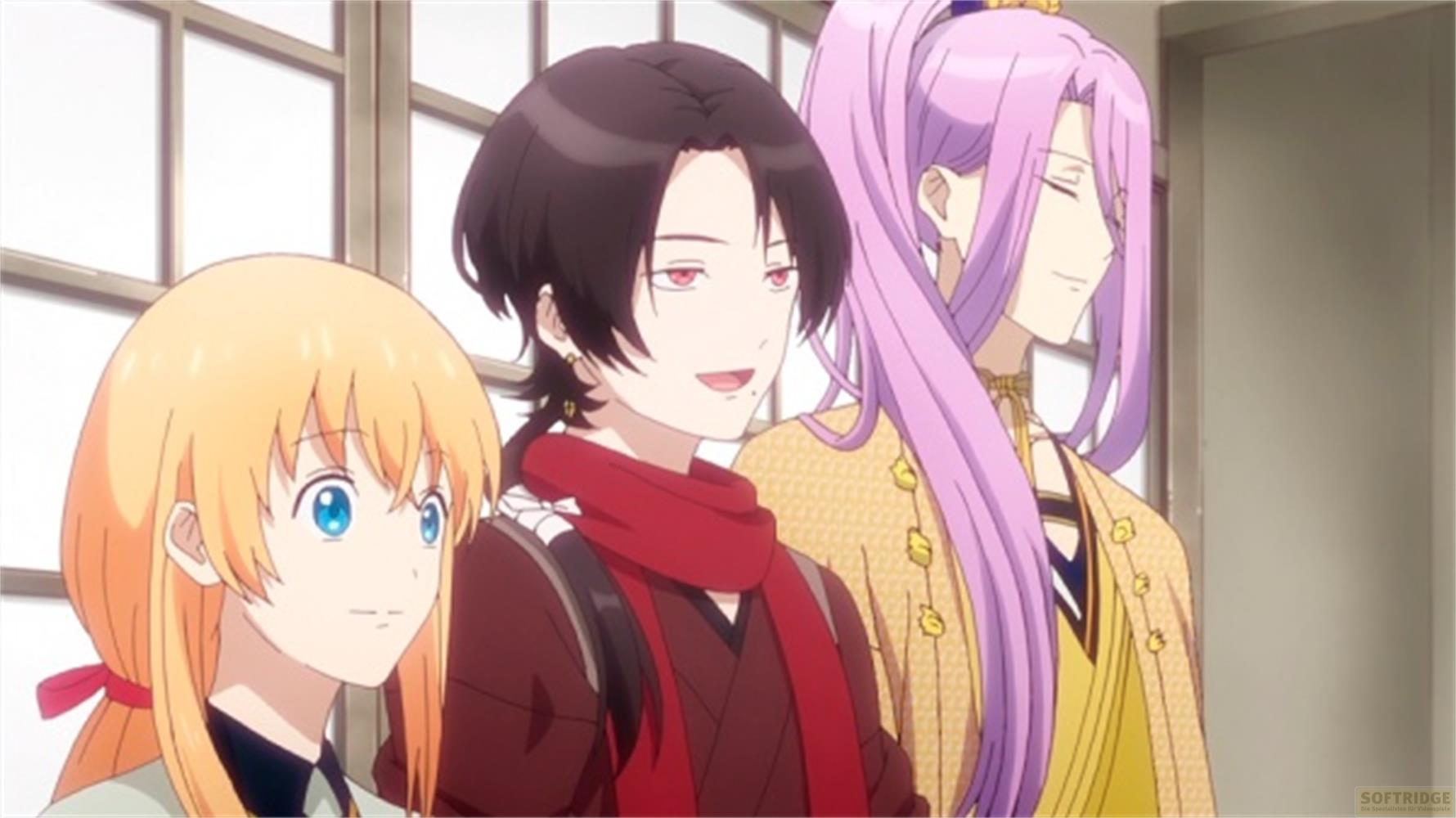 Tre personaggi anime: una ragazza bionda, un ragazzo dai capelli scuri e un ragazzo dai capelli viola.
