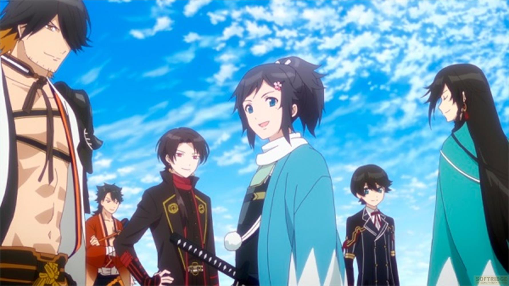 Cinque personaggi anime davanti a un cielo blu con nuvole. Uno indossa una veste blu.