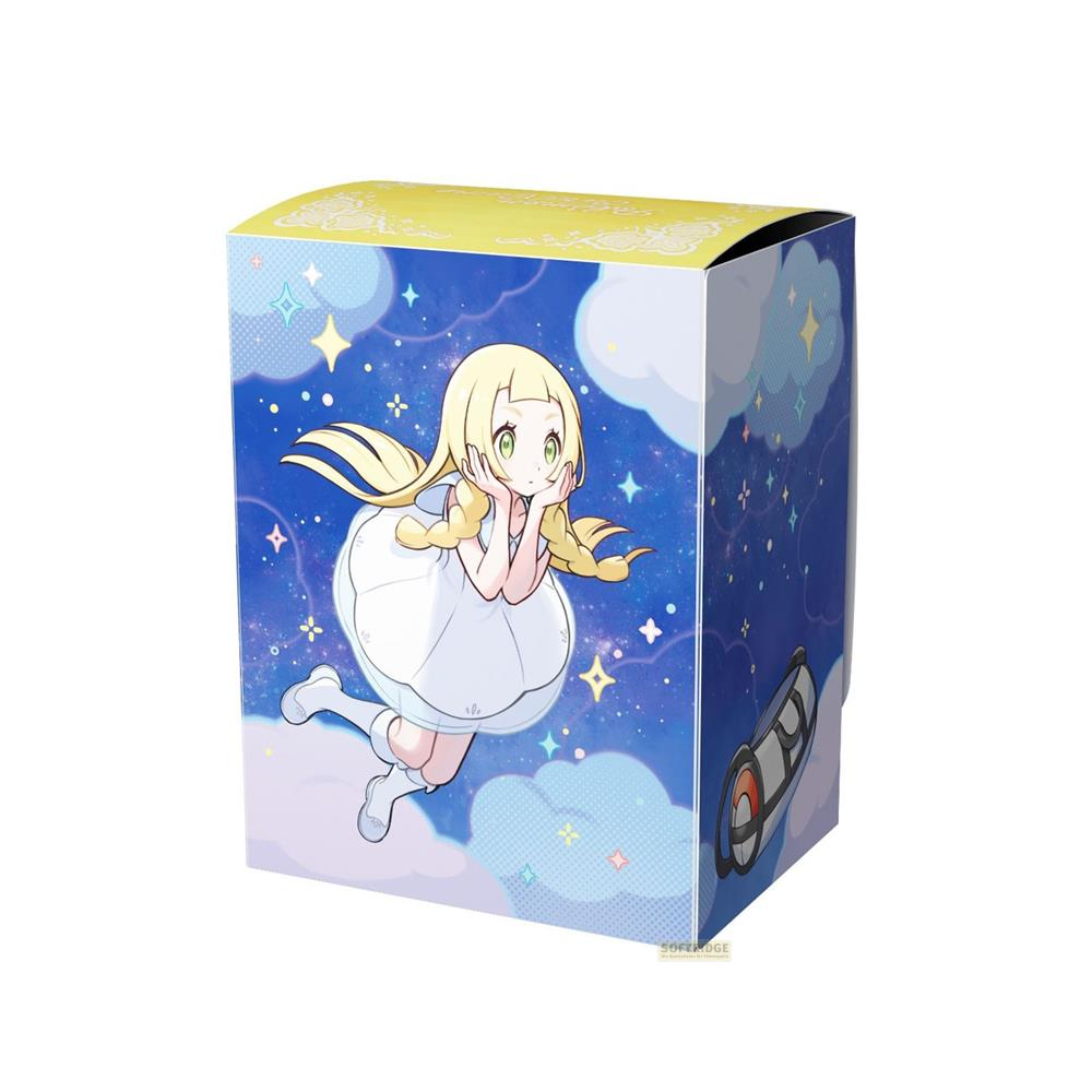 Conception de boîte de jeu de cartes avec Lillie de Pokémon style anime sur un ciel étoilé.