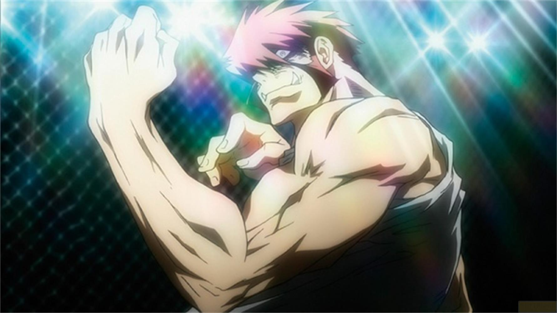 Un combattente anime con capelli rossi in piedi in un ring sotto i riflettori.