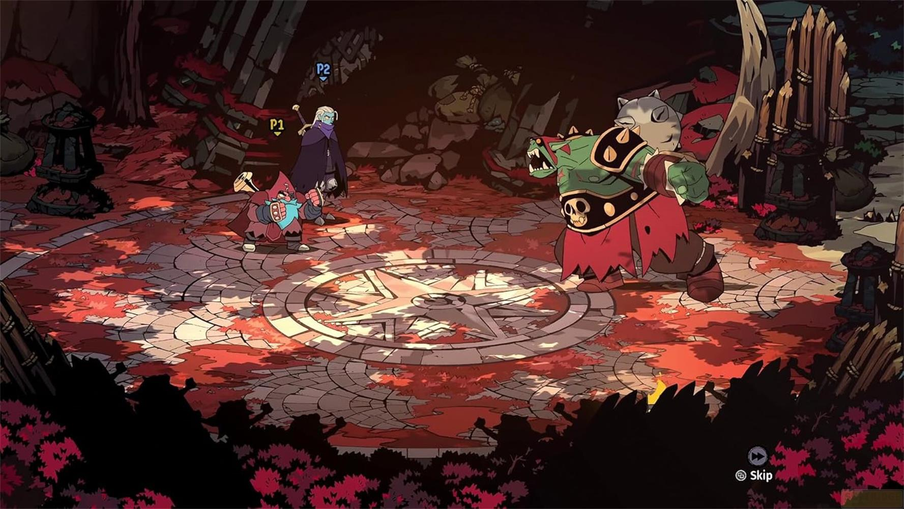 Un orco verde combatte due eroi su un pavimento a stella con macchie rosse.