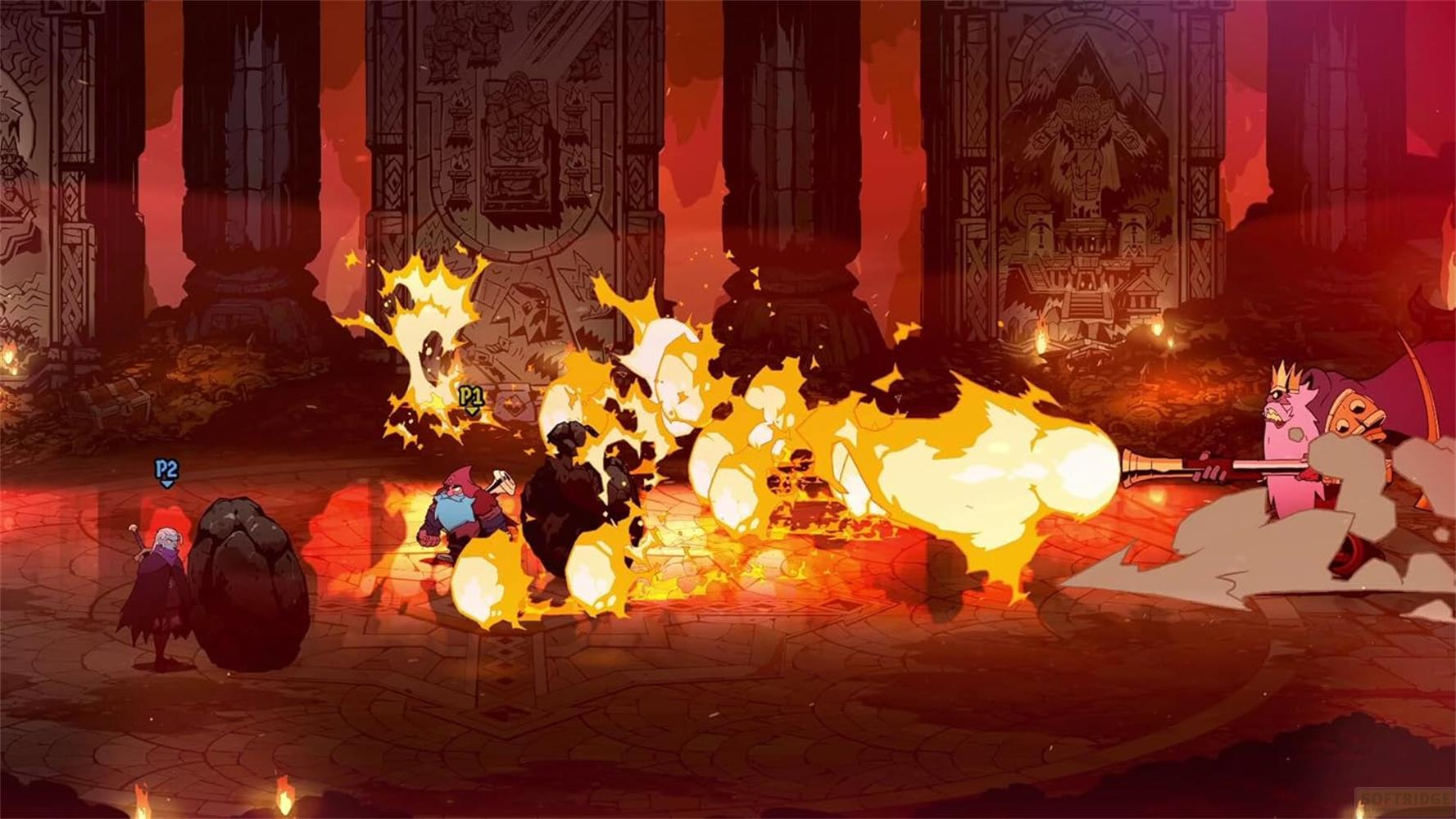 Personaggi combattono in un'arena oscura con fuoco ed esplosioni.
