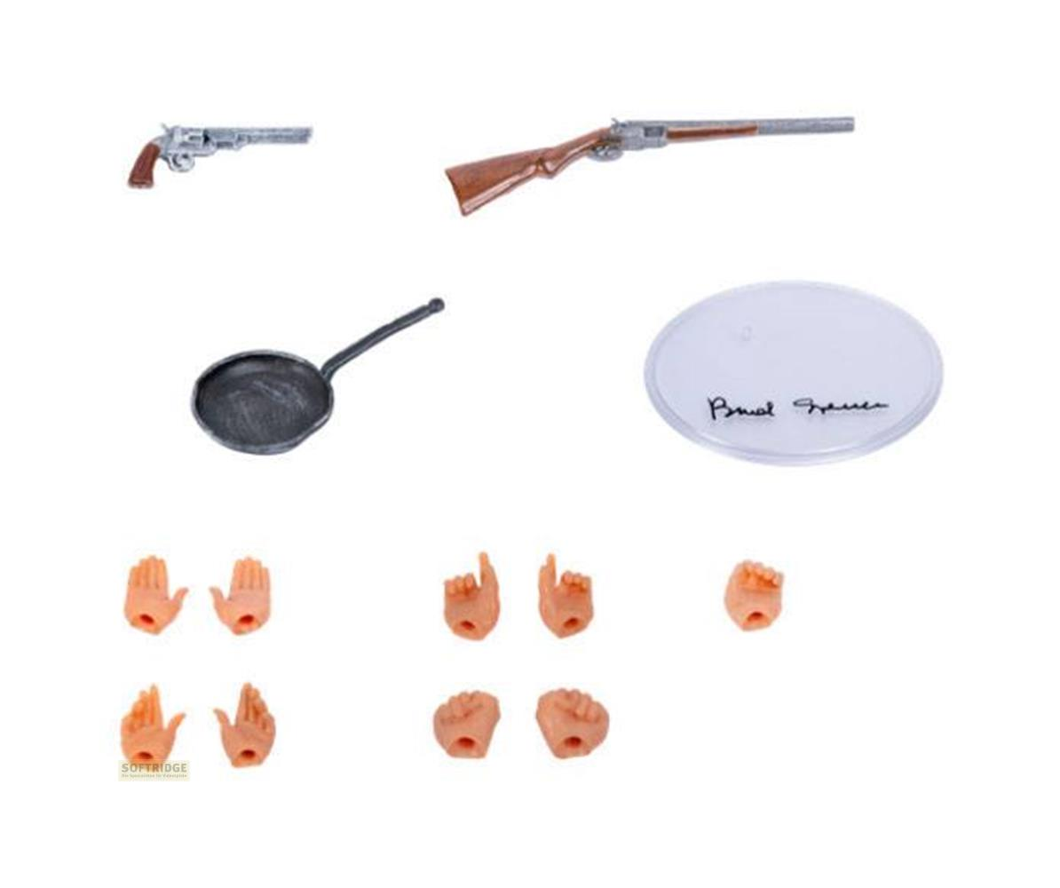 Western-Zubehör: Revolver, Gewehr, Pfanne, Ständer und Hände.