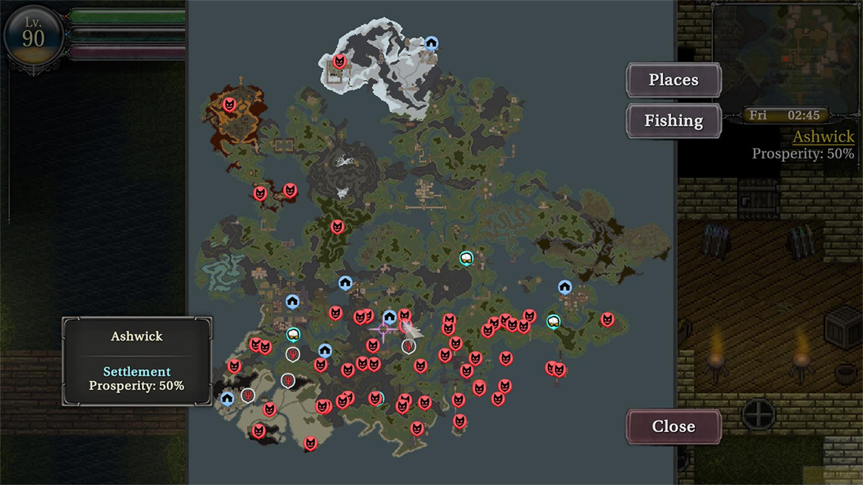 Mappa di gioco con icone rosse del diavolo, case blu e un insediamento.