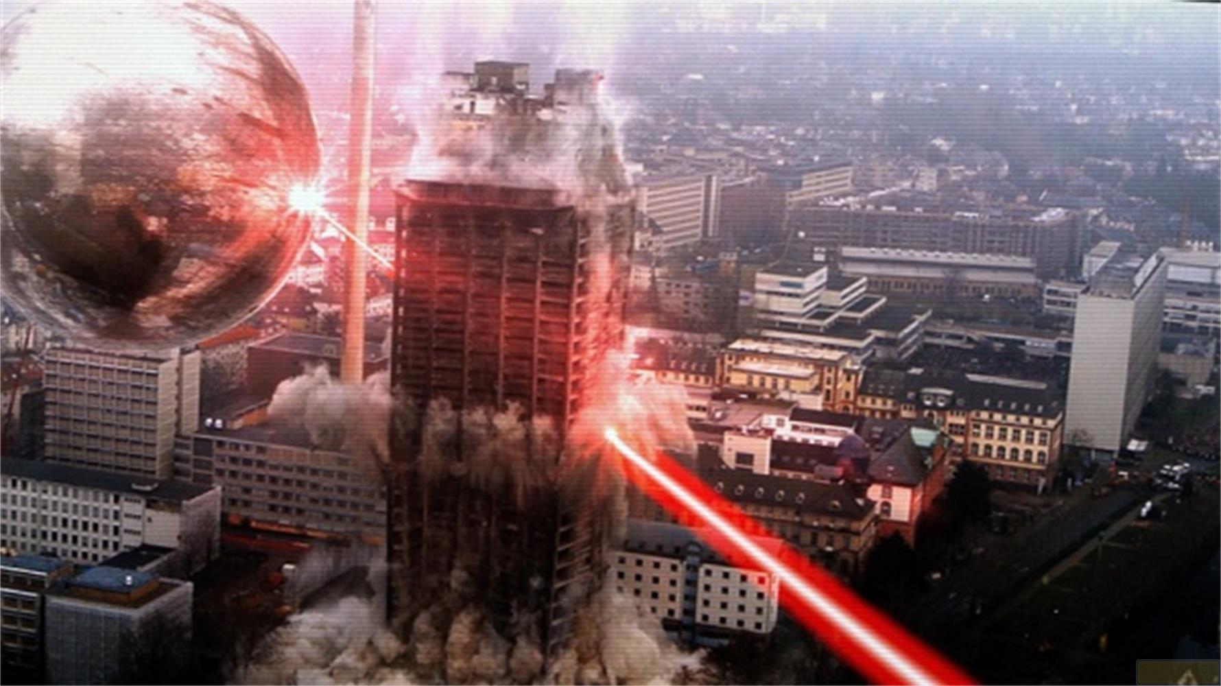 Un pianeta o luna gigante bombarda una città con laser rossi.